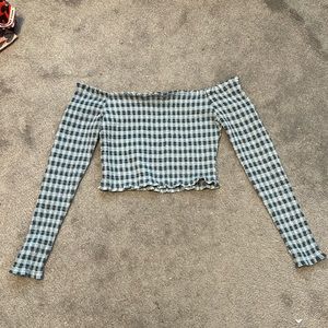 Wild Fable off the shoulder light and dark blue plaid shirt